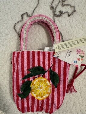 Handcrafted Pink Striped Beaded Lemon Tote -